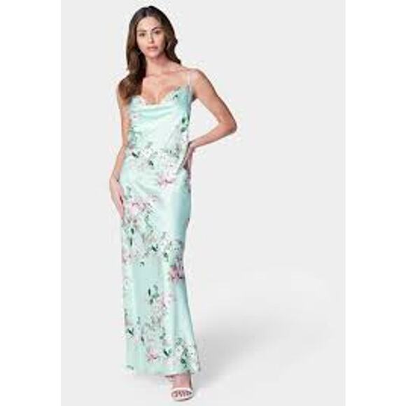 BEBE Cowl Neck Maxi Dress Size Small S Satin Slip Dress Blue Floral FEMININE - Picture 1 of 7